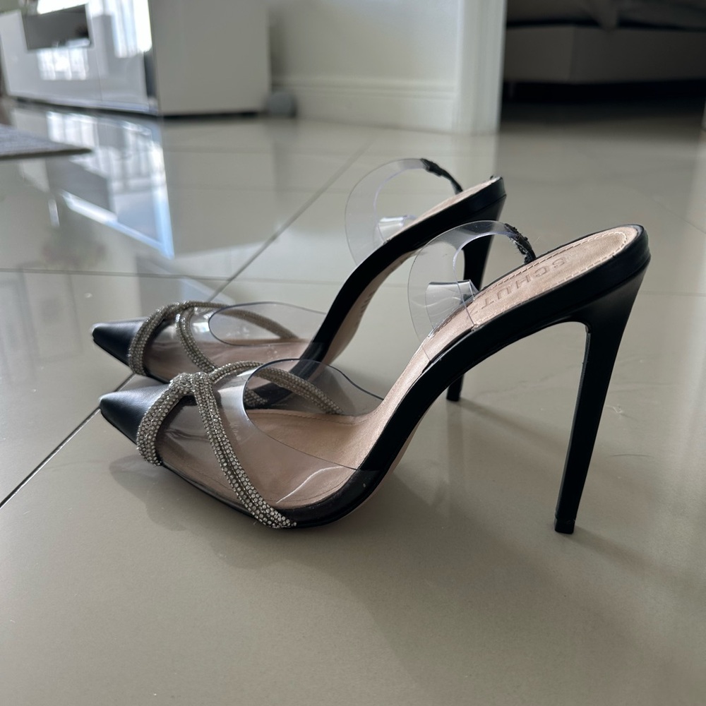 SCHUTZ Black Heels with Silver Rhinestone Straps